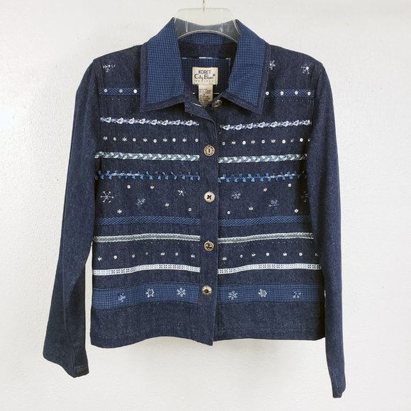 Koret City Blues Women's Embroidered Sequined Denim Blue Jean Cotton Coat Jacket - Picture 10 of 11
